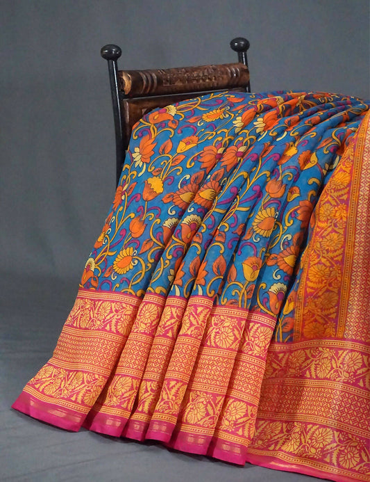 Multi Shades Of Peacock Blue Kalamkaari Design Semi Chanderi Saree With Contrast Blouse By Gayathri Reddy Designer Studio | Swadesiicart