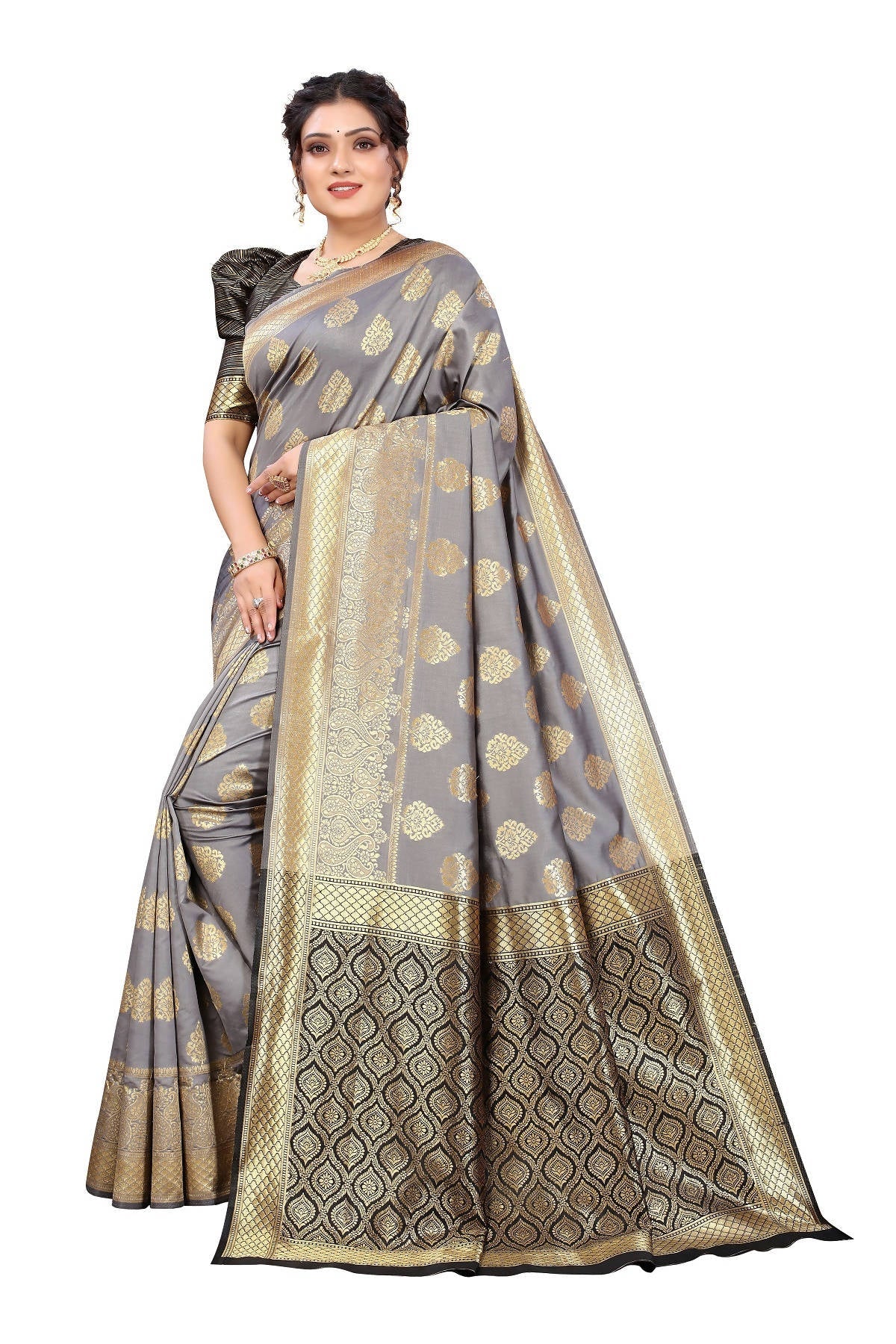 Vamika Ethnic Fire Grey Weaving Banarasi Jacquard Saree | Swadesiicart