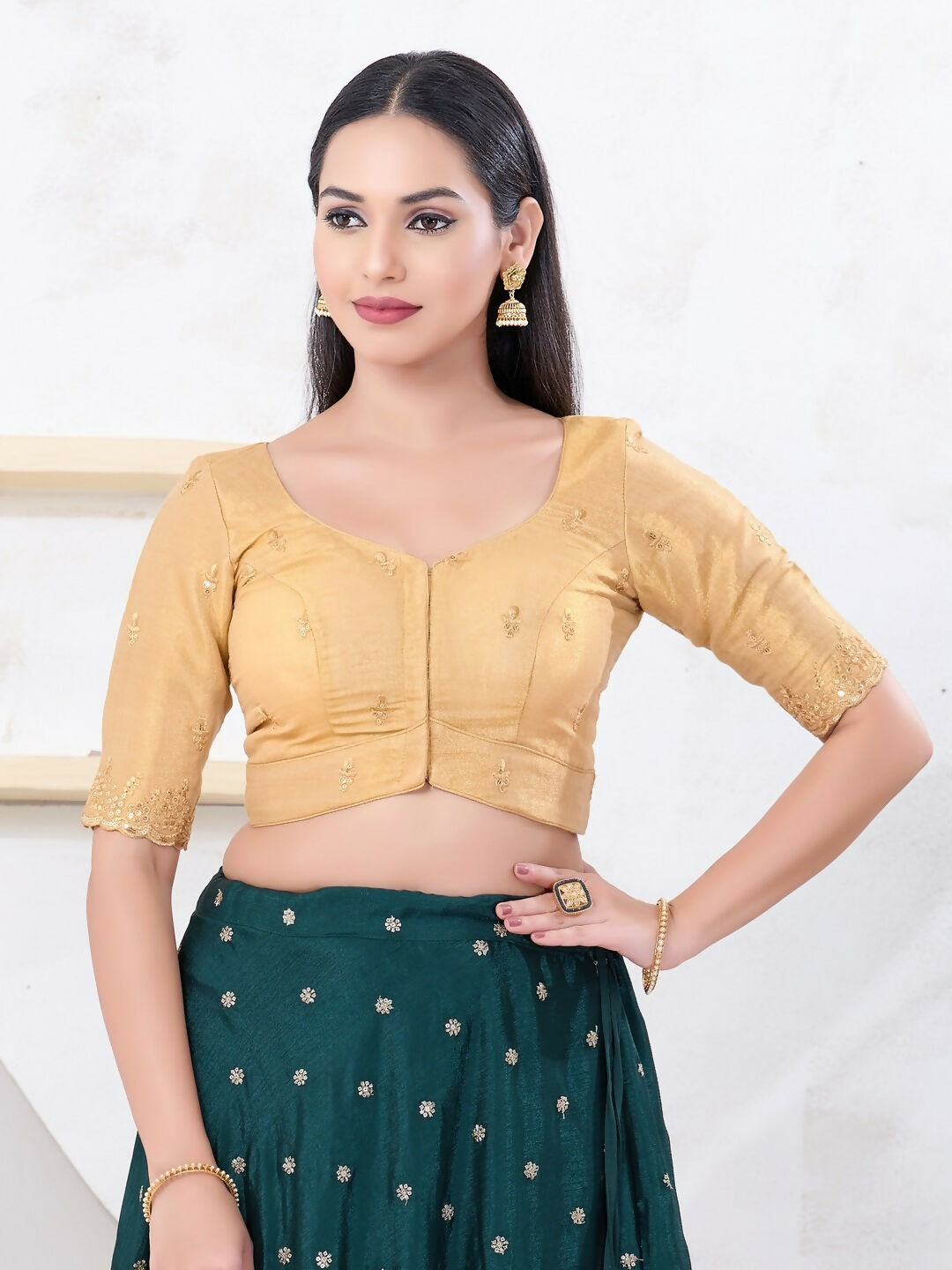 Joban Fashion Gold Shimmer Elbow Sleeveless Front Open Blouse - Swadesiicart
