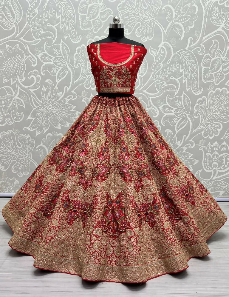 Jyoti Fashion Women's Red Silk Fancy Dori & Sequins Multi Thread Embroidered with Diamond Work Wedding Lehenga Choli | Swadesiicart