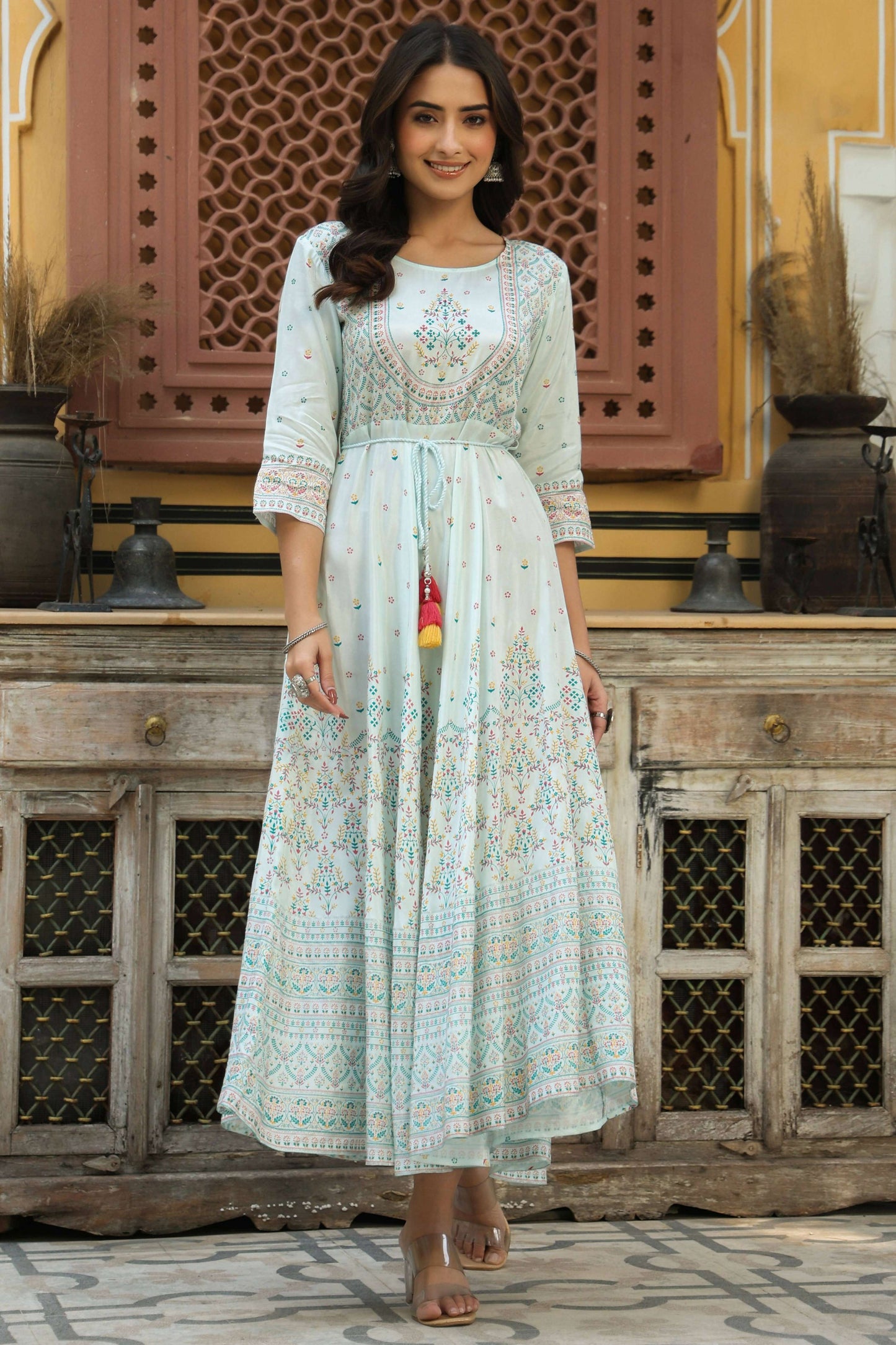 Juniper Women's Skyblue Viscose Shantoon Festive Printed Flared Dress | Swadesiicart