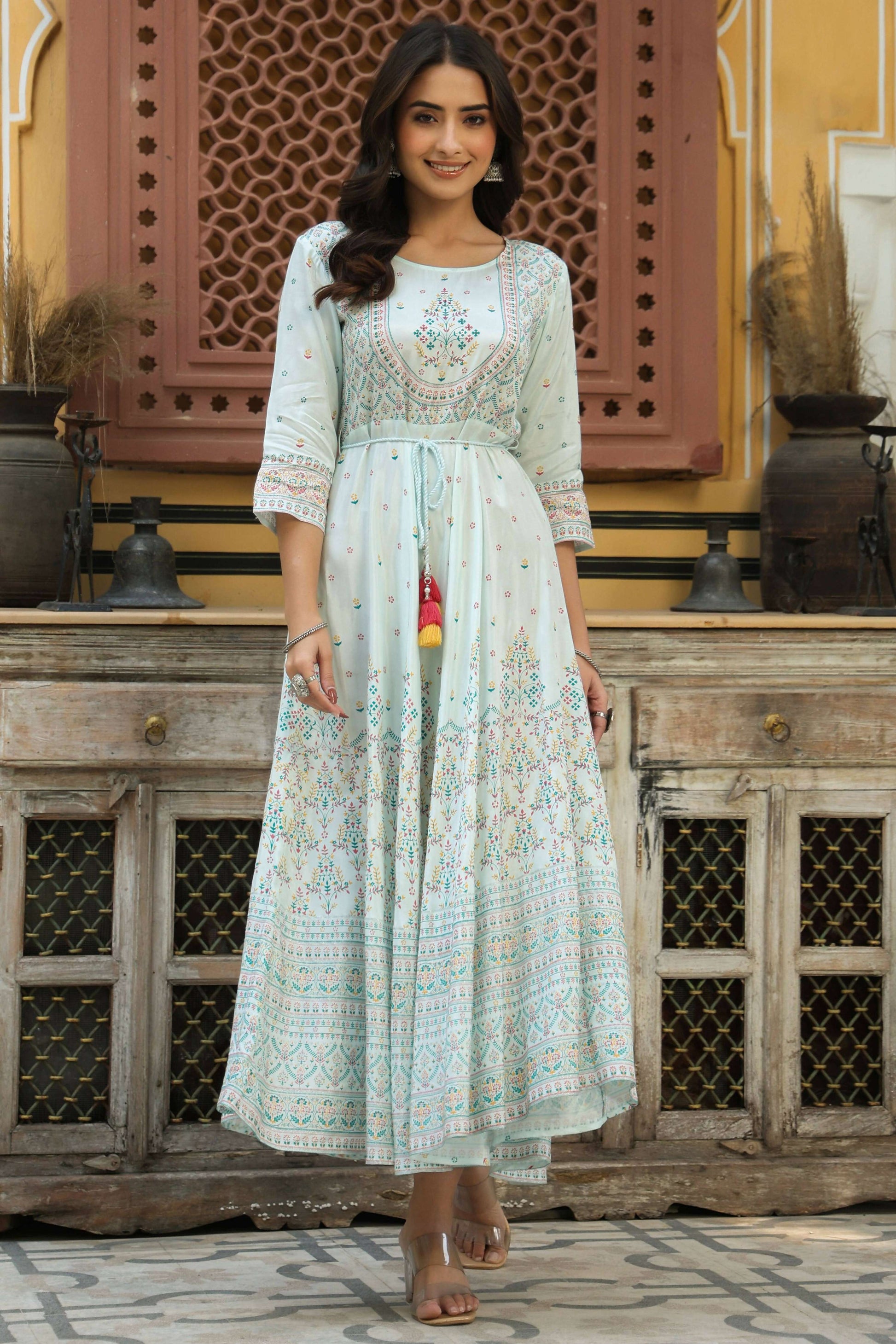 Juniper Women's Skyblue Viscose Shantoon Festive Printed Flared Dress | Swadesiicart