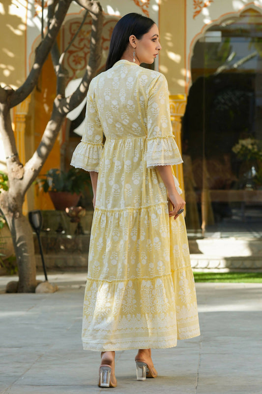 Juniper Women's Lemon Yellow Printed Teired Dress | Swadesiicart
