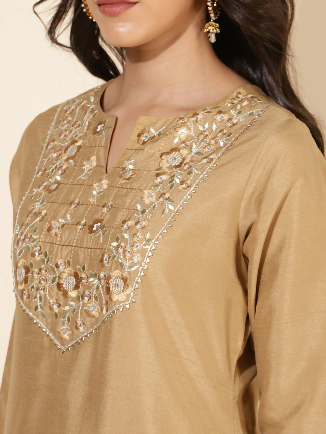 Janasya Women's Gold Crepe Silk Yoke Embroidery Festive Straight Kurta Set | Swadesiicart