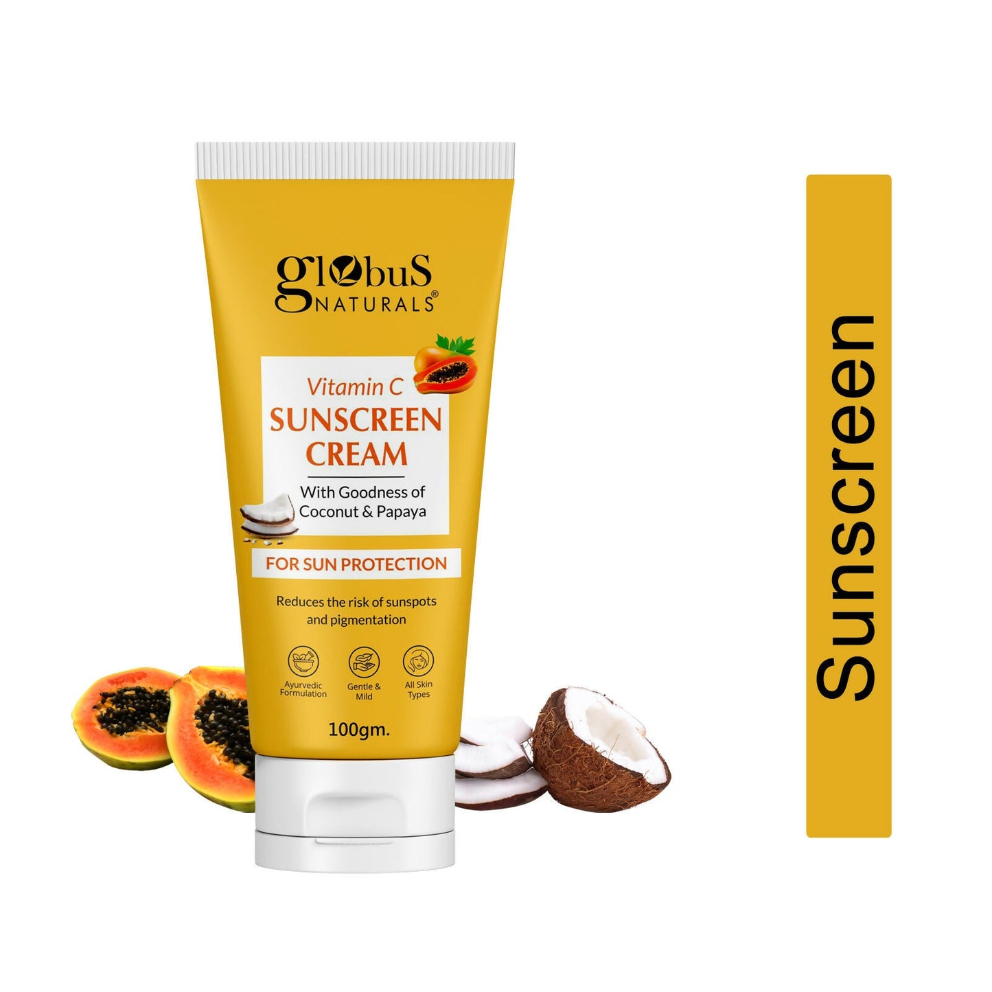 Globus Naturals Vitamin C Sunscreen Cream with Goodness of Coconut & Papaya For Sun Protection All Skin Types | Swadesiicart