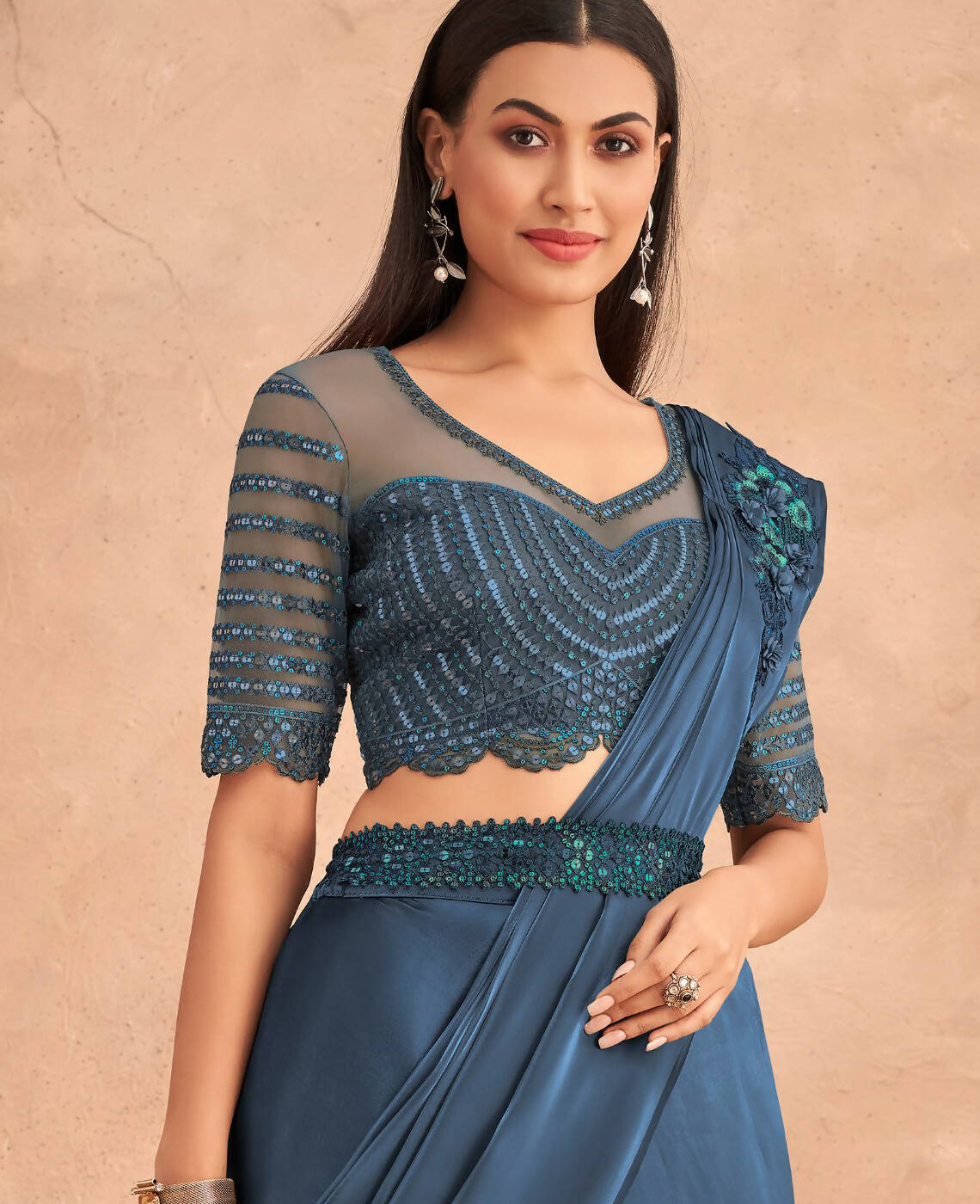 Navy Blue Satin Embroidered Ready To Wear Saree With Unstitched Blouse Piece - Nandika | Swadesiicart