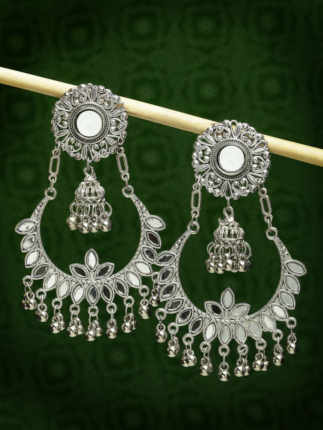 NVR Women's Silver-Plated Mirror Work Oxidised Chandbali Earrings | Swadesiicart