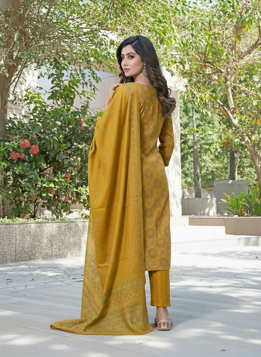 BulBul Aaliya Bright Mustard Cotton Kurta Set with Dupatta - Swadesiicart
