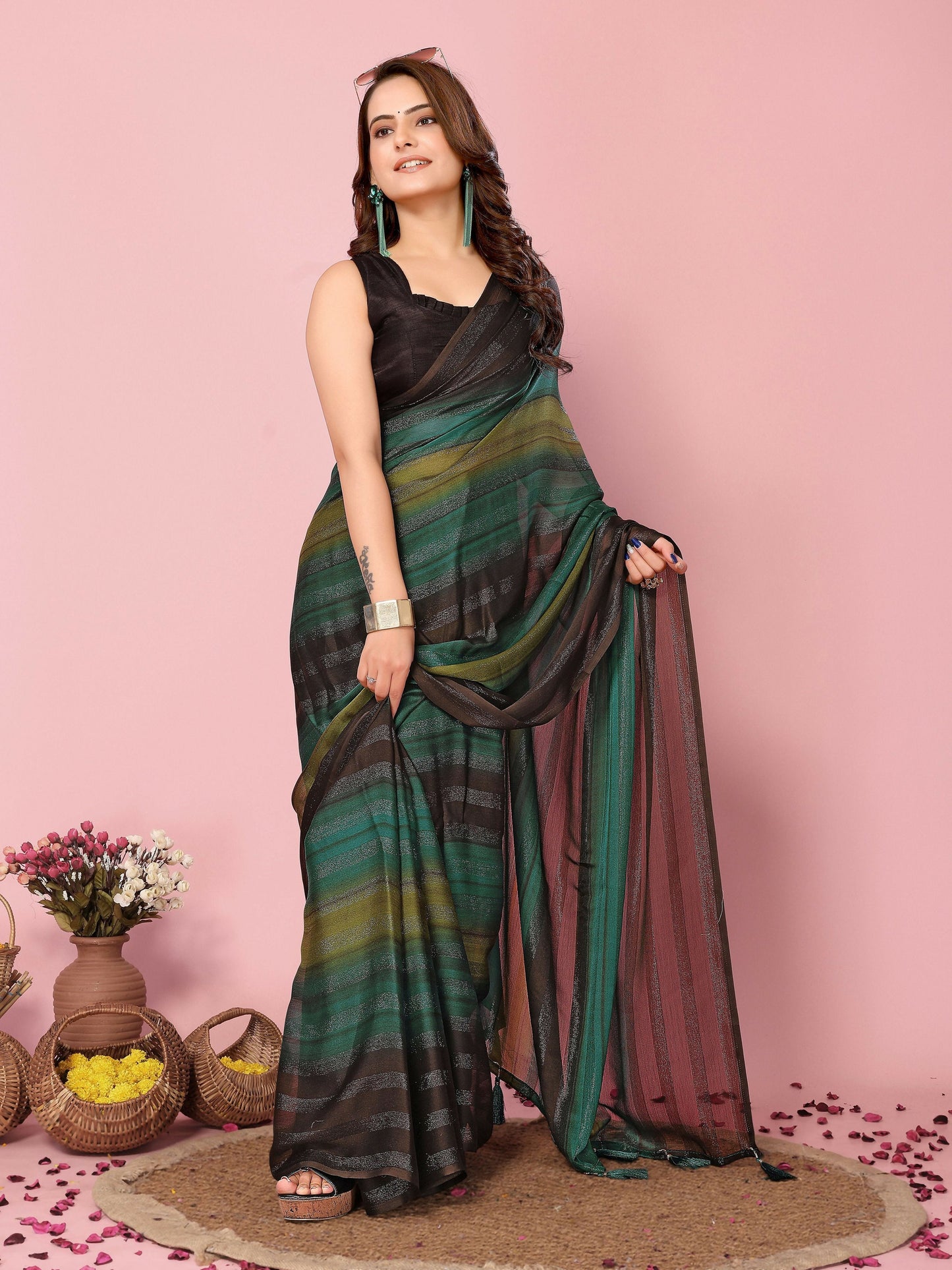 Attractive These Party Wear Ready To Wear Saree - Green | Swadesiicart