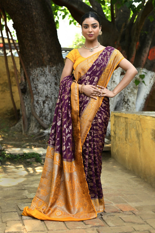 Joban Fashion Purple Crepe Chiffon Pure Handloom Banarasi Silk Saree | Swadesiicart