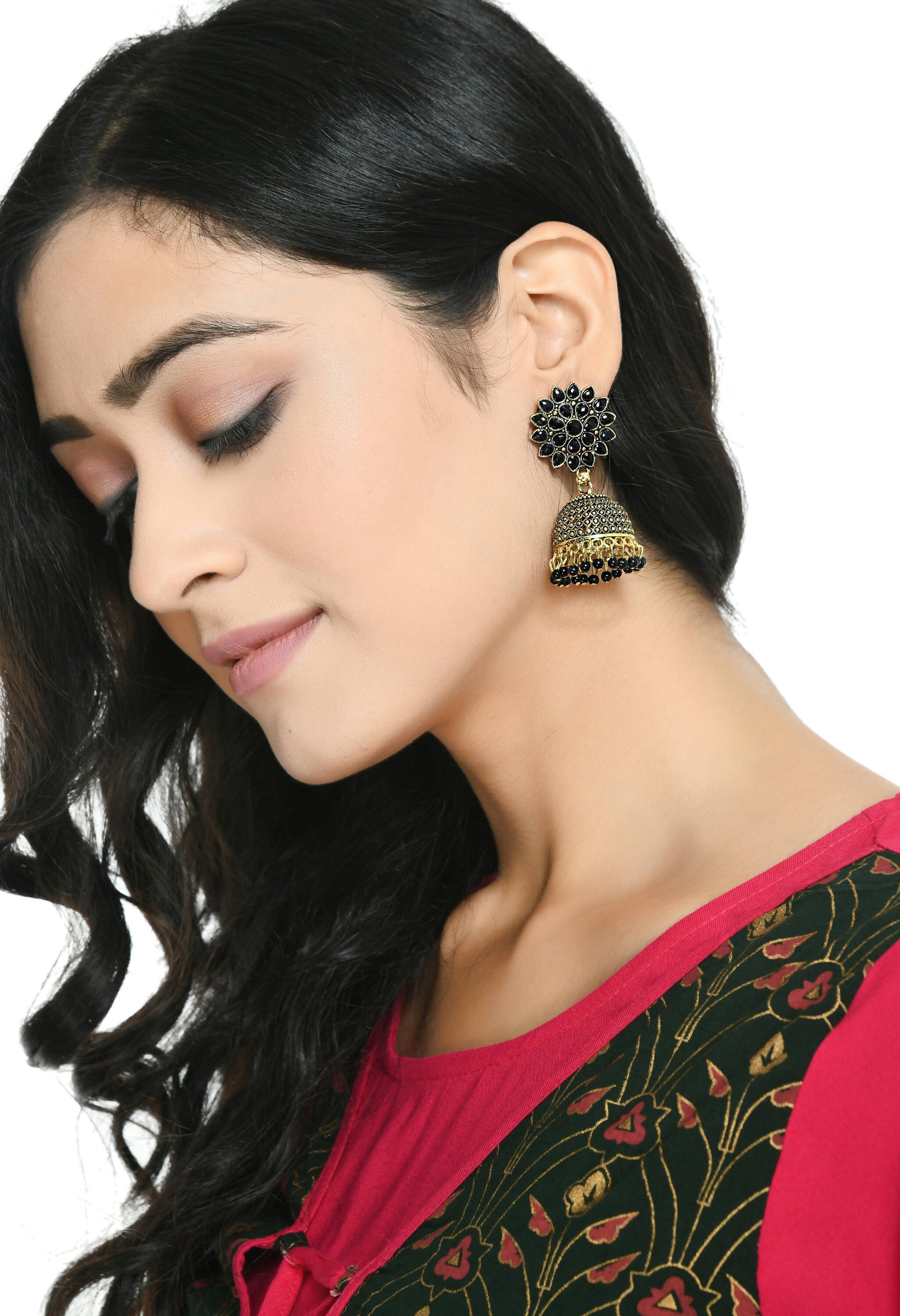 Mominos Fashion Joharkamal Kundan work Jhumka with Black Beads - Swadesiicart