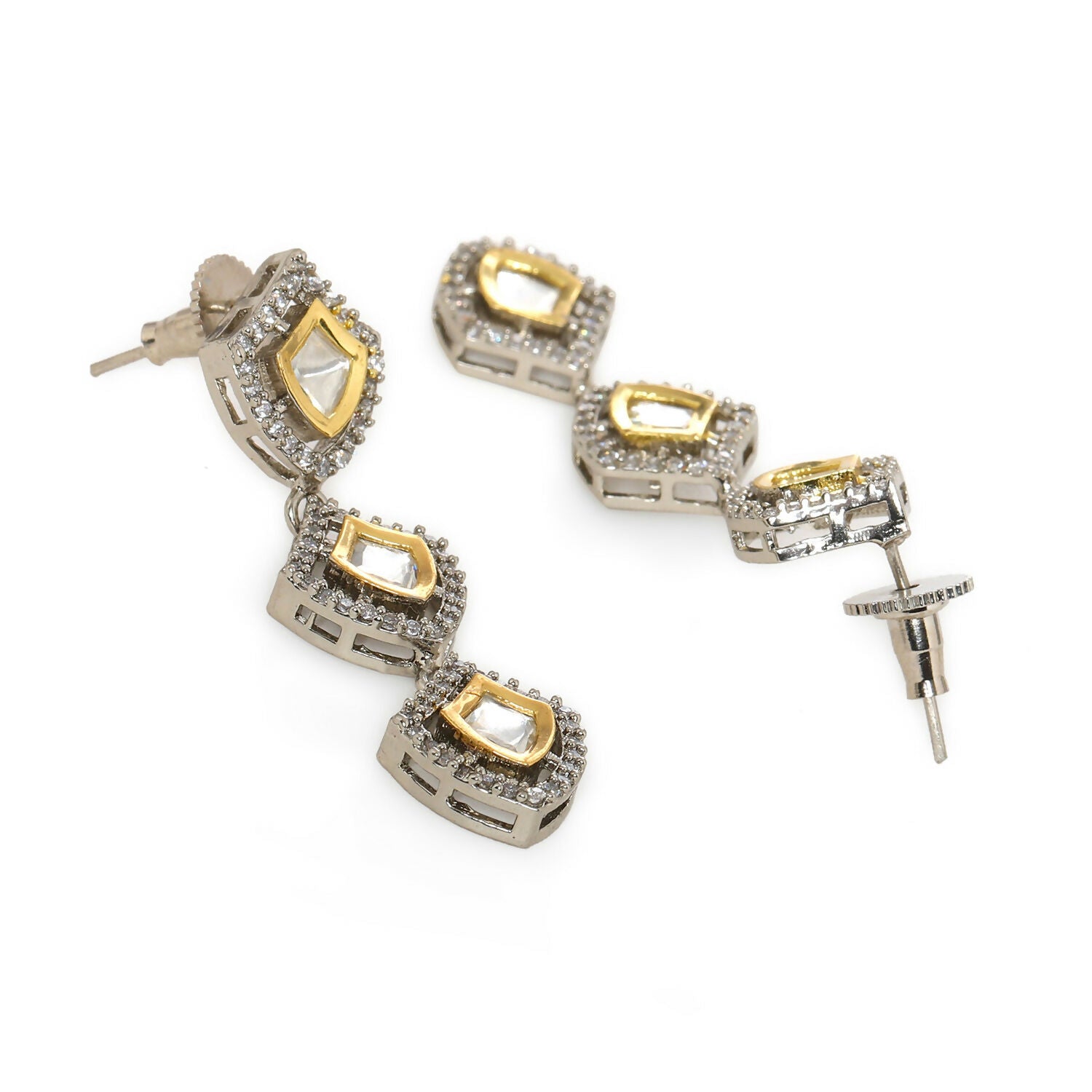 3 Tier Kundan and Diamond Earrings (Silver) - Ruby Raang - Swadesiicart