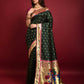 Vishnu Weaves Women's Bottle Green Paithani Silk Zari Woven Saree with Unstitched Blouse - Swadesiicart