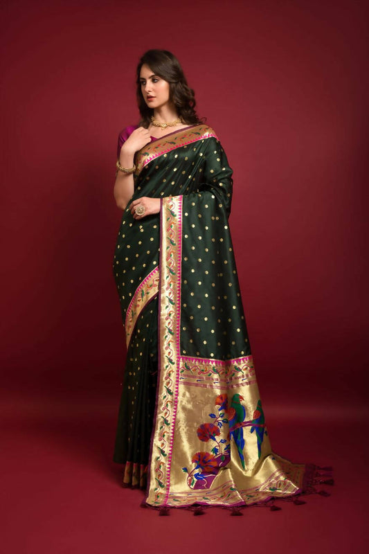 Vishnu Weaves Women's Bottle Green Paithani Silk Zari Woven Saree with Unstitched Blouse - Swadesiicart