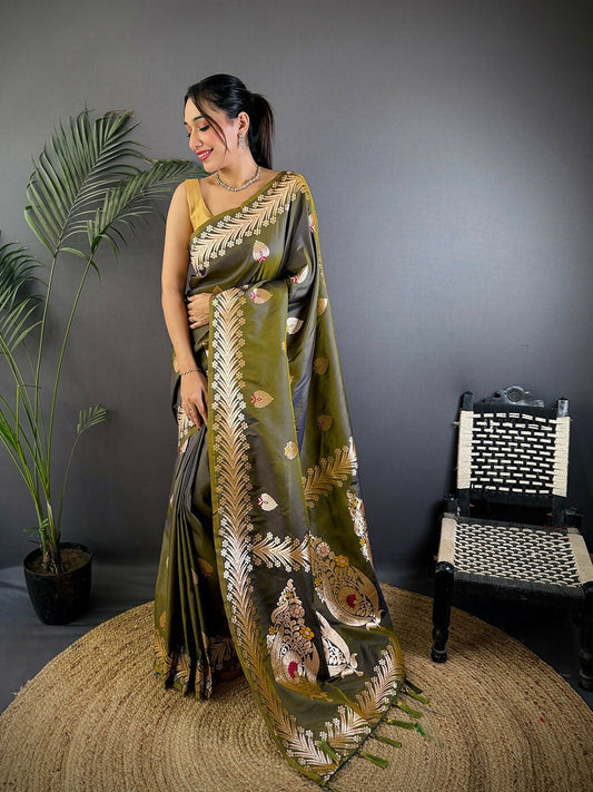 Joban Fashion Banarasi Mehendi Green Woven Soft Silk Saree | Swadesiicart