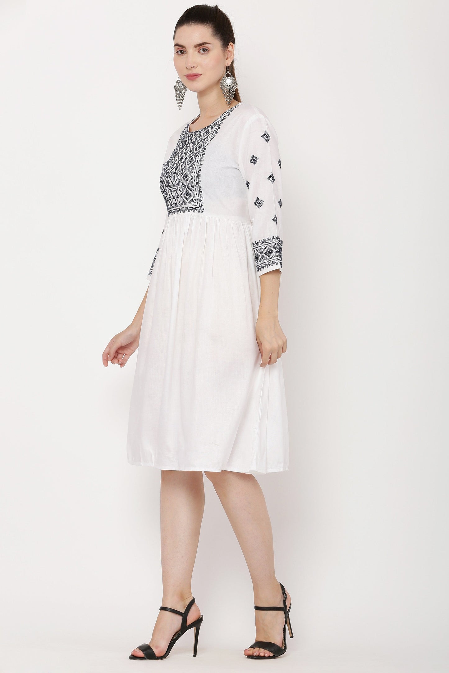 PAVONINE White Color Burfi Design Embroidery Dress For Women | Swadesiicart