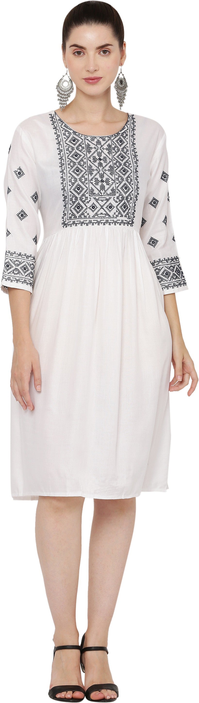 PAVONINE White Color Burfi Design Embroidery Dress For Women | Swadesiicart