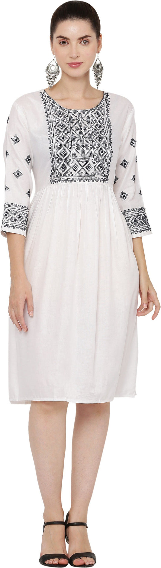 PAVONINE White Color Burfi Design Embroidery Dress For Women | Swadesiicart