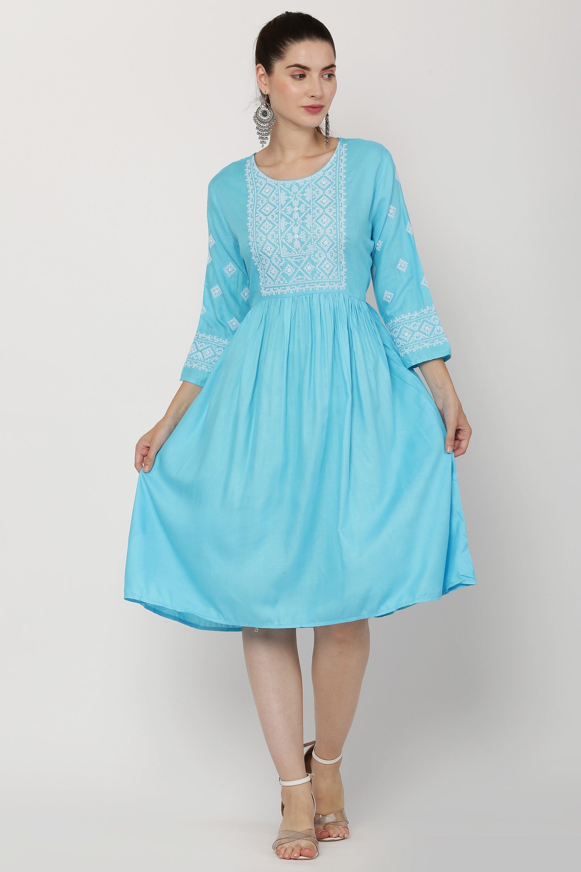 PAVONINE Firozi Color Burfi Design Embroidery Dress For Women | Swadesiicart