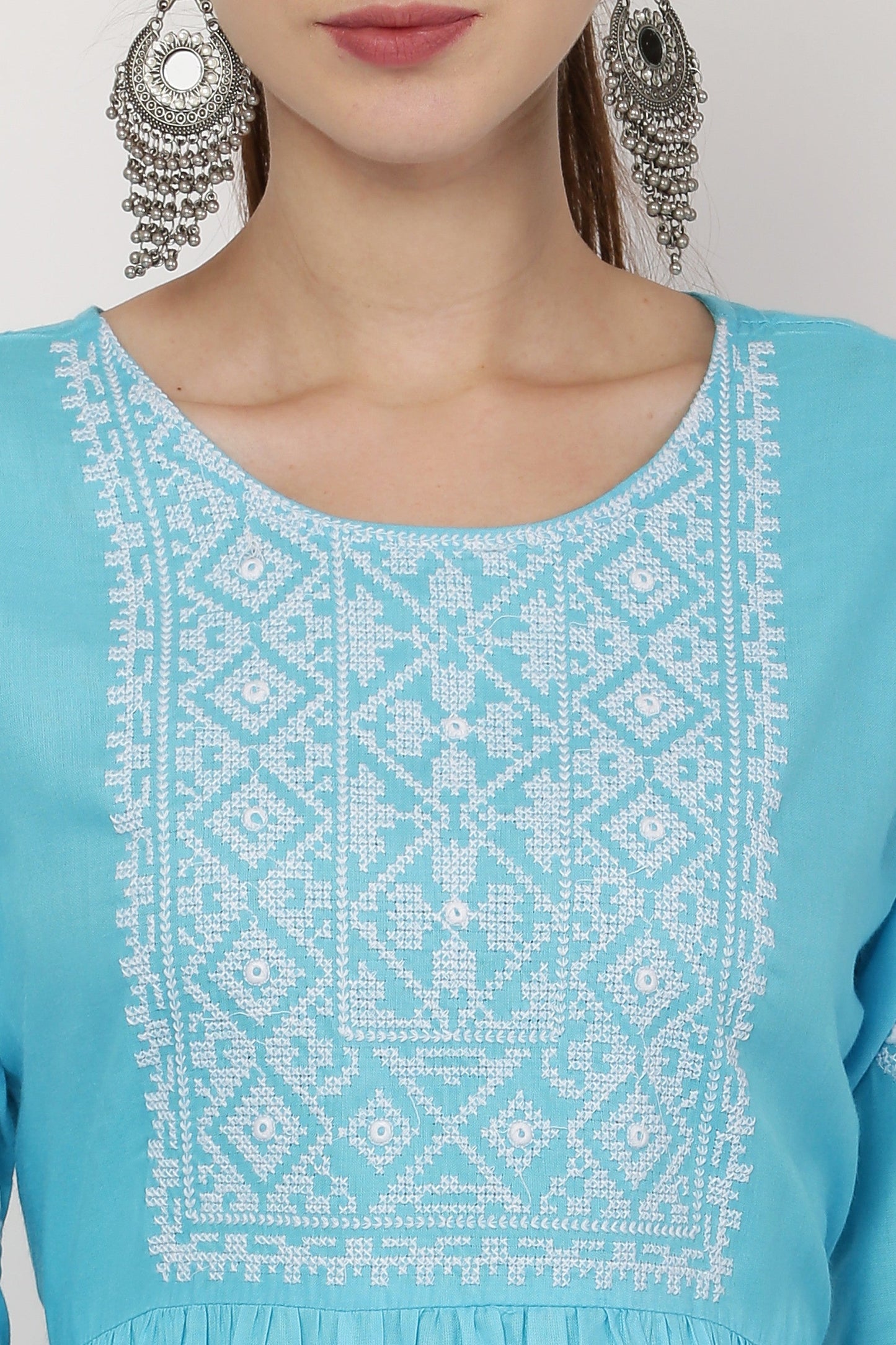 PAVONINE Firozi Color Burfi Design Embroidery Dress For Women | Swadesiicart