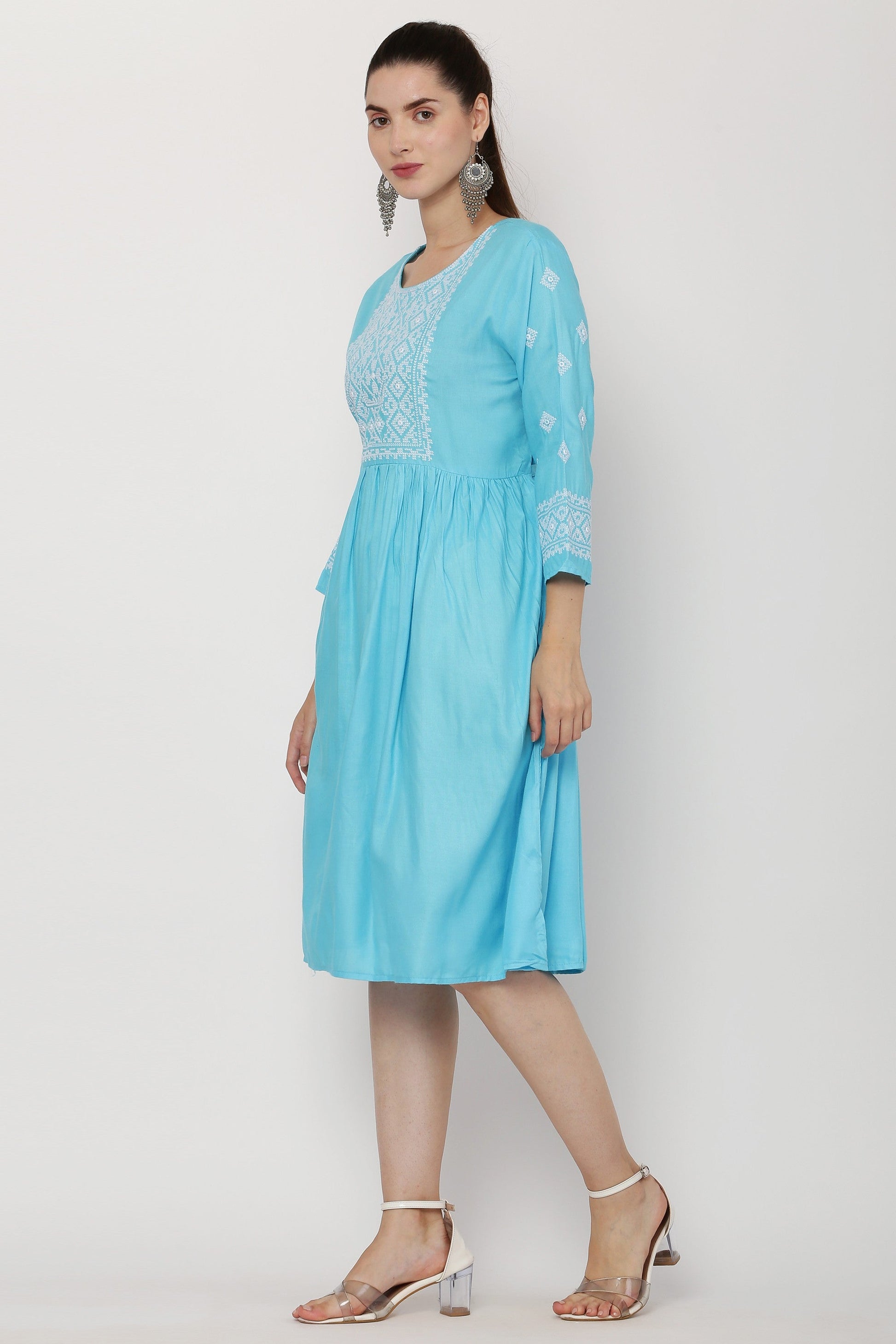 PAVONINE Firozi Color Burfi Design Embroidery Dress For Women | Swadesiicart