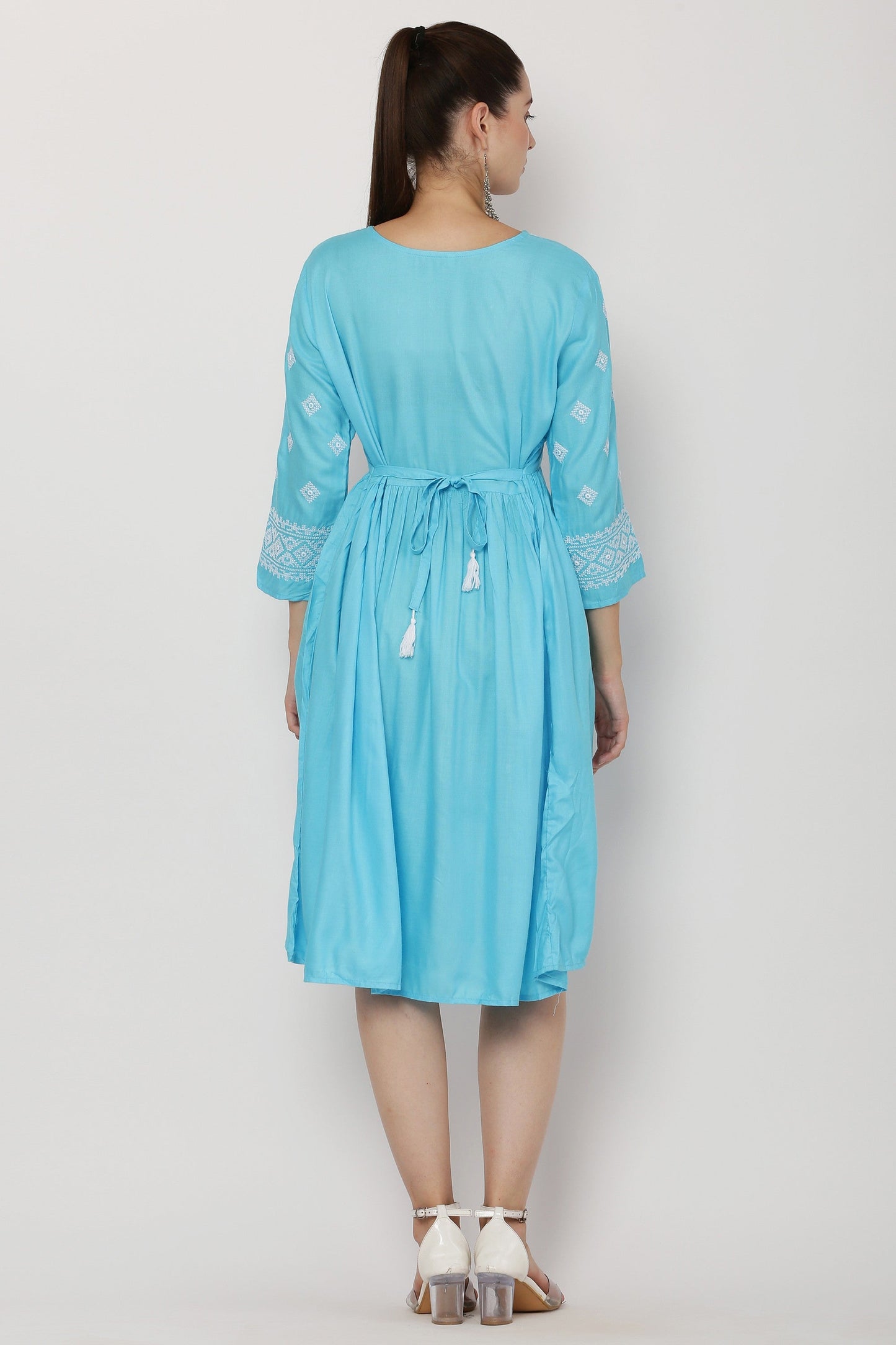 PAVONINE Firozi Color Burfi Design Embroidery Dress For Women | Swadesiicart