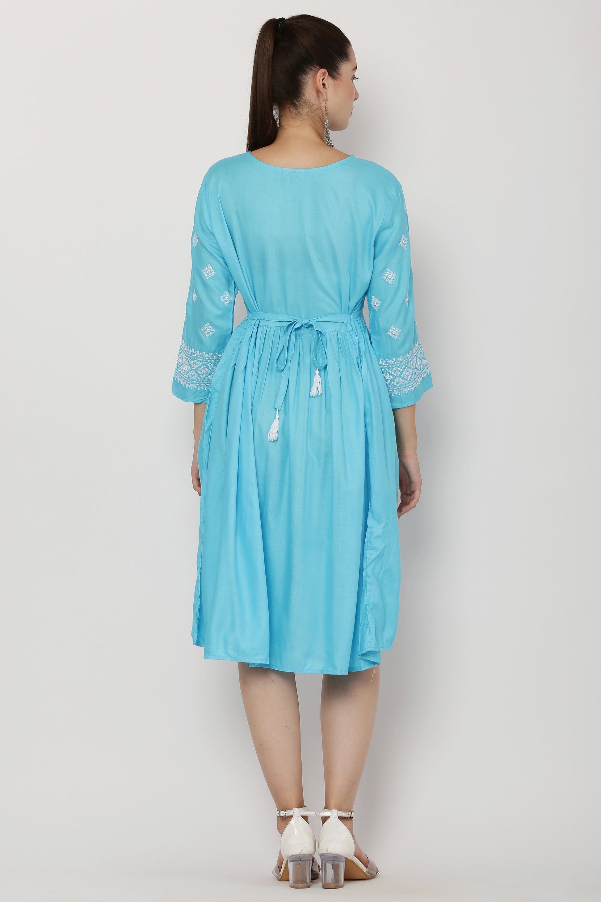 PAVONINE Firozi Color Burfi Design Embroidery Dress For Women | Swadesiicart