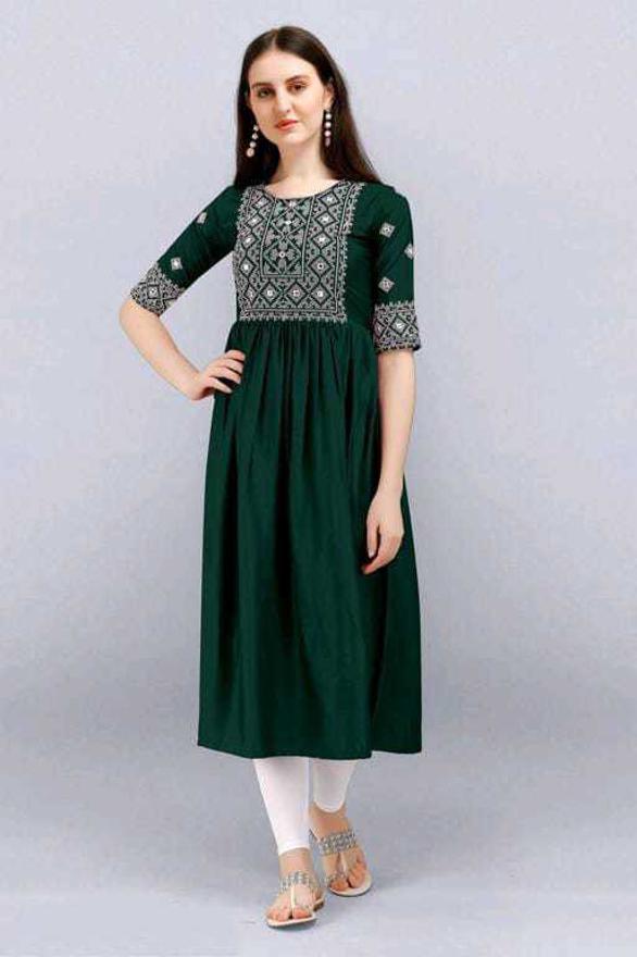 PAVONINE Bottle Green Color Burfi Design Embroidery Dress For Women | Swadesiicart
