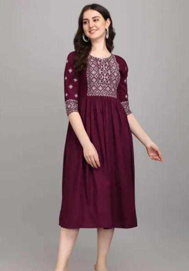 PAVONINE Wine Color Burfi-Design Embroidery Dress For Women | Swadesiicart