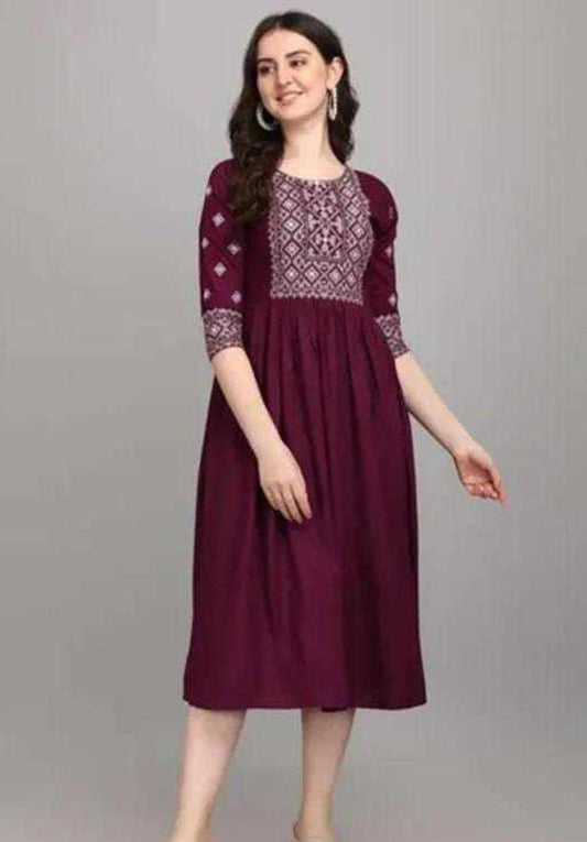 PAVONINE Wine Color Burfi-Design Embroidery Dress For Women | Swadesiicart