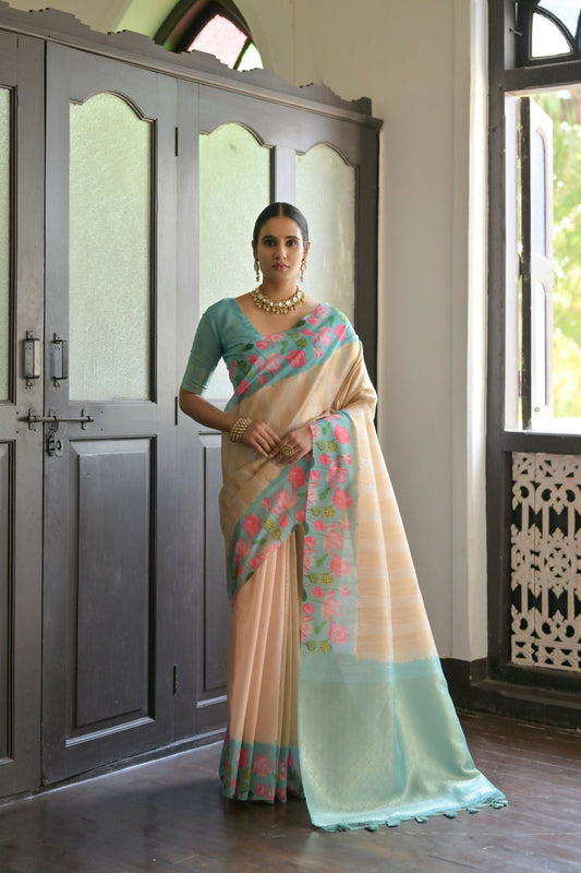 Vishnu Weaves Women's Firozi Banarasi Silk Saree with Blouse - Swadesiicart
