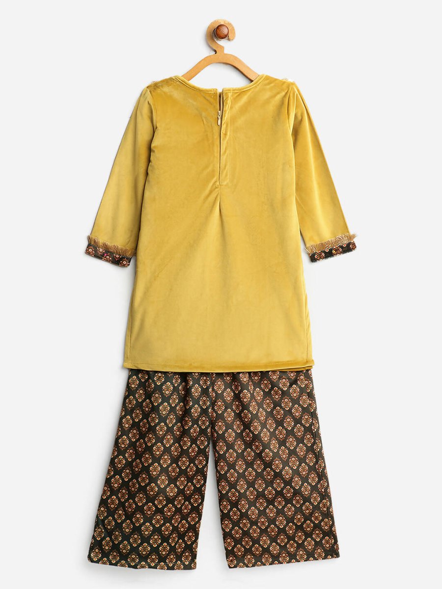 Ahalyaa Mustard Color Digital Print Velvet kids Kurta Palazzo Set For Girls | Swadesiicart