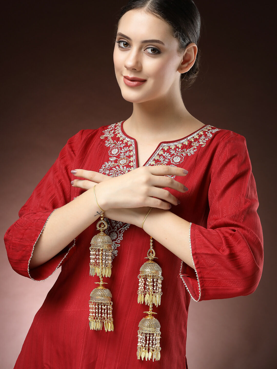 NVR Women's Pack Of 2 Gold-Polished Stone Studded Bridal Layered Kaleera Sets - Swadesiicart