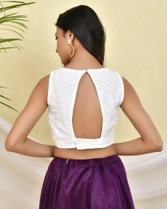 Amodini Designer Studio White Sequined Pearl Sleeveless Padded Blouse - Swadesiicart
