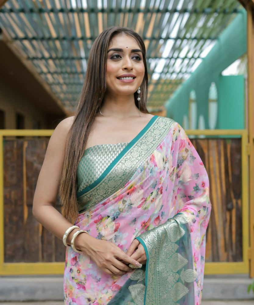 Vamsee Dhruvini Pink Georgette Saree - Swadesiicart