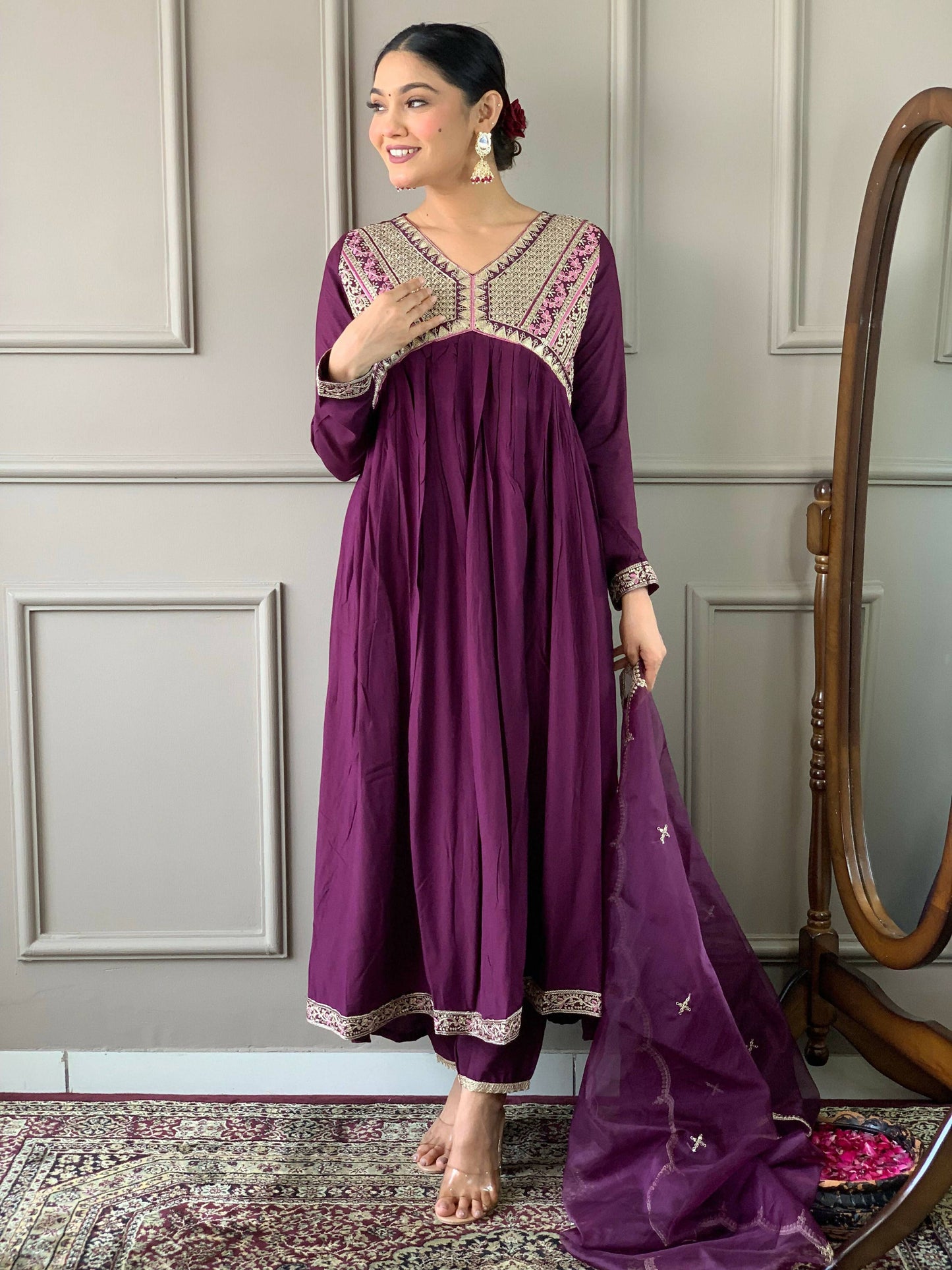 Partywear Designer Viscose Wine Stitched Suit With Dupatta - Tanisha | Swadesiicart