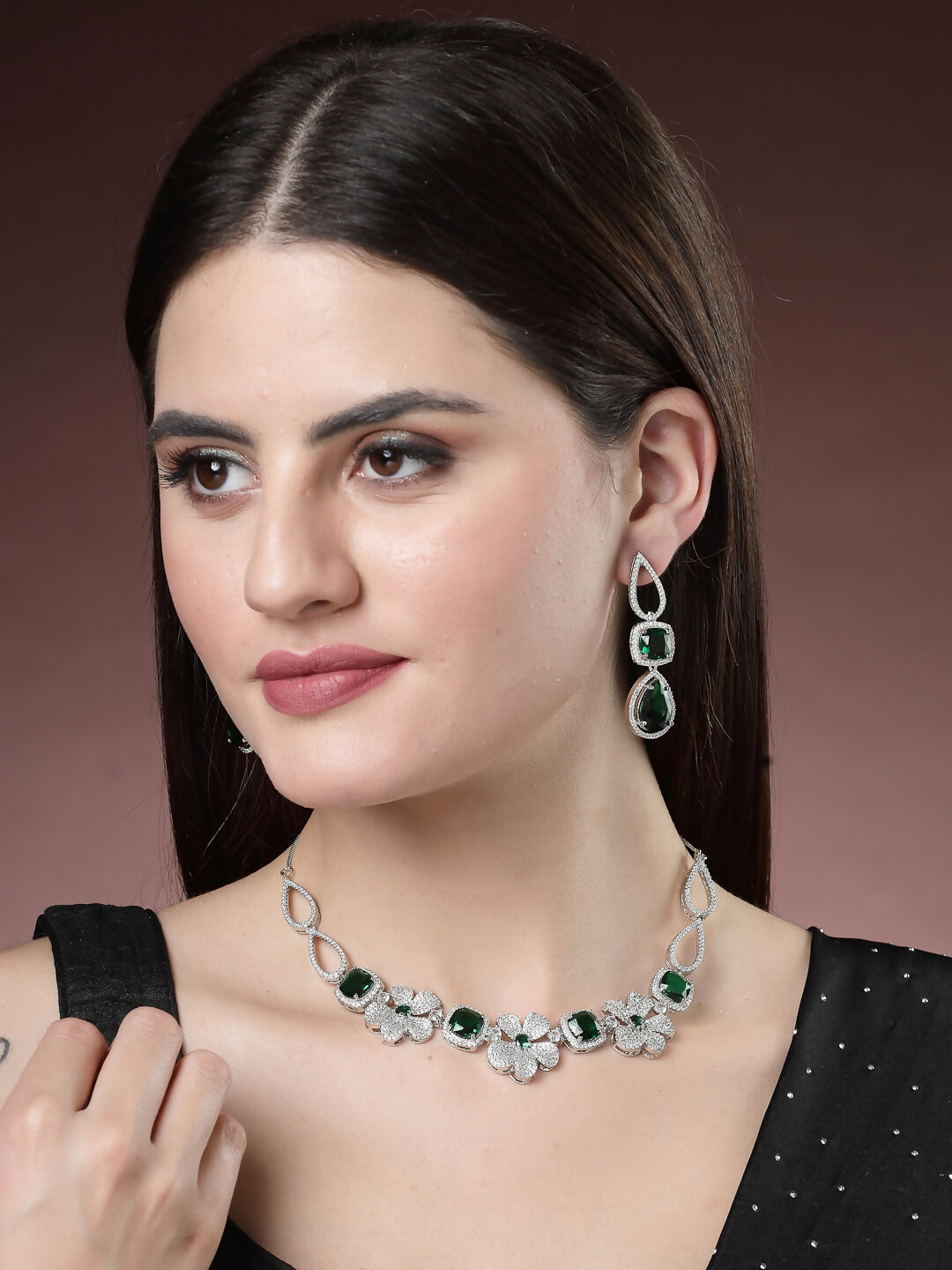 NVR Women's Green & Silver-Plated American Diamond Handcrafted Jewellery Set - Swadesiicart