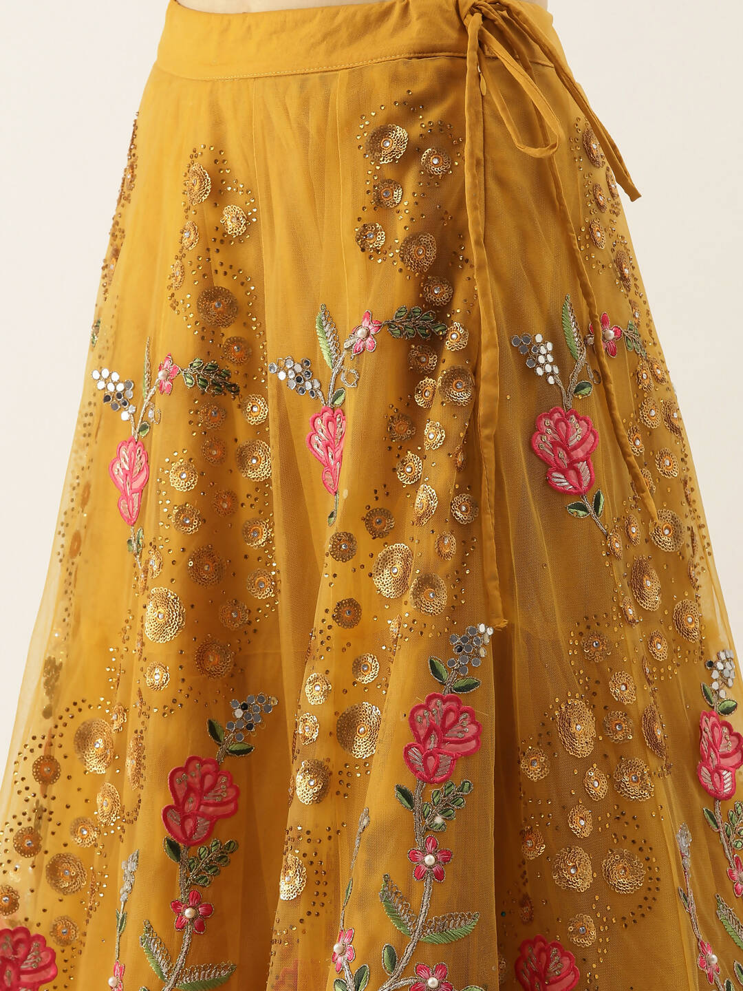 House of Panchhi Mustard Net Semi stitched Coding, Sequins & Saroski Stone Work Lehenga Choli | Swadesiicart