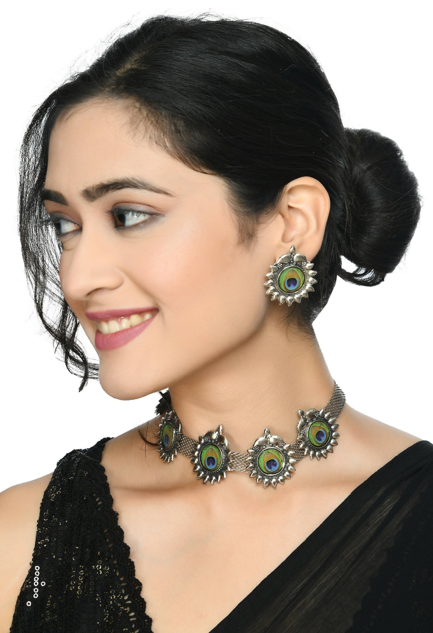 Mominos Fashion Johar Kamal Oxidised Silver-Plated Peacock Wings Work Necklace Handicraft | Swadesiicart