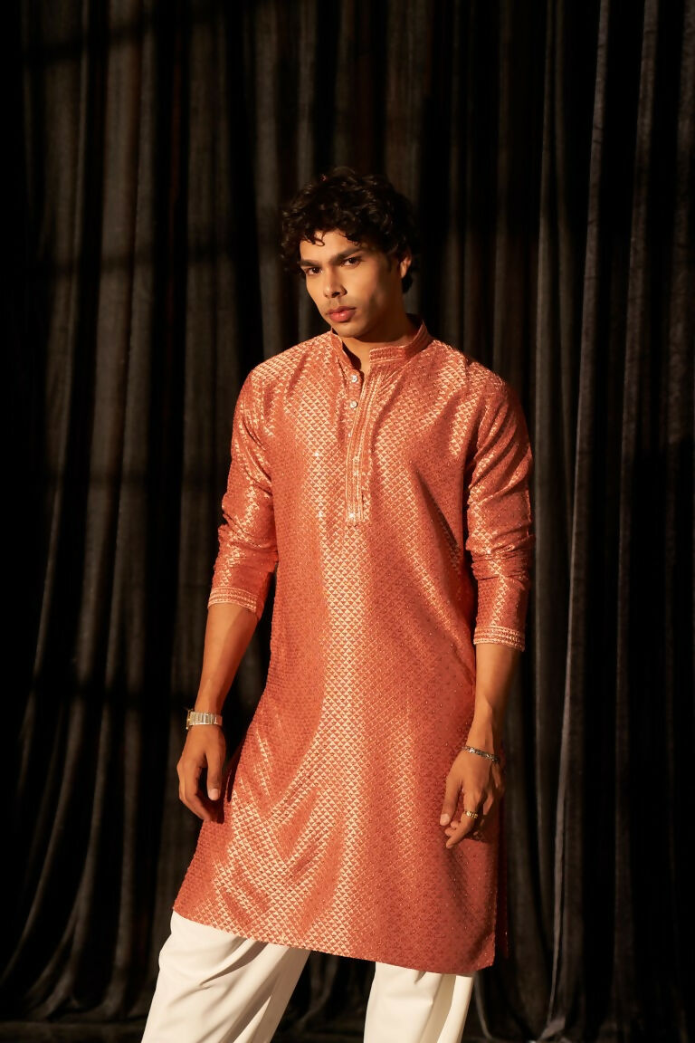 Red viscose Chikankari Embroidery Work Men's Traditional Kurta Set - Mahotsav | Swadesiicart