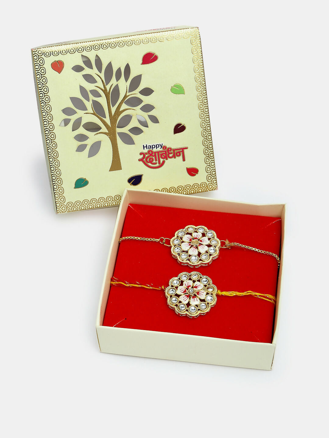 NVR Women & Men Set of 2 Gold Kundan-Studded Bhaiya Bhabhi Rakhi Set With Roli Chawal | Swadesiicart