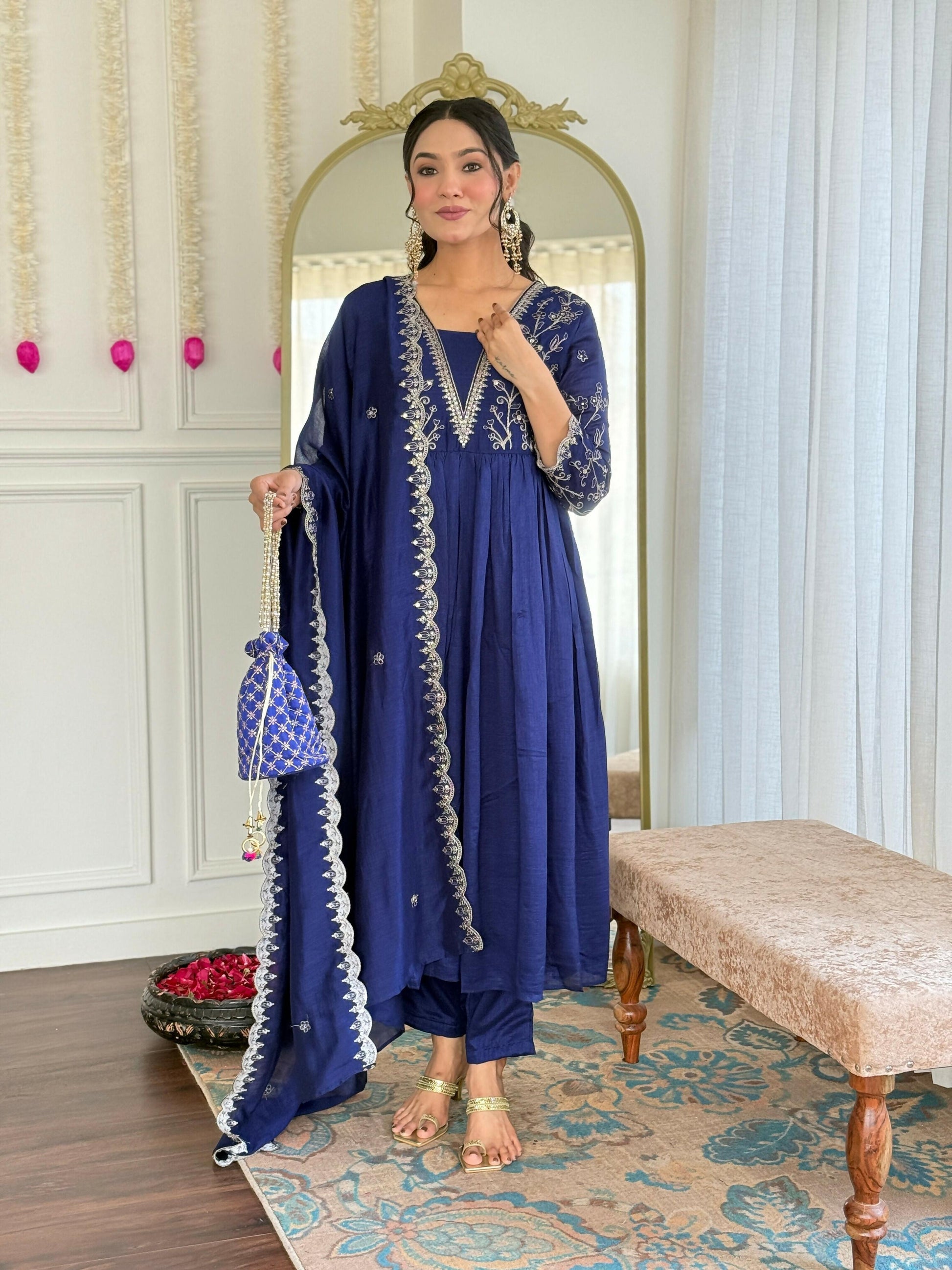 The52 Blue Women's Beautiful Embroidered Vichitra Silk Fabric with Flared Kurta, Pant and Dupatta Set - Swadesiicart