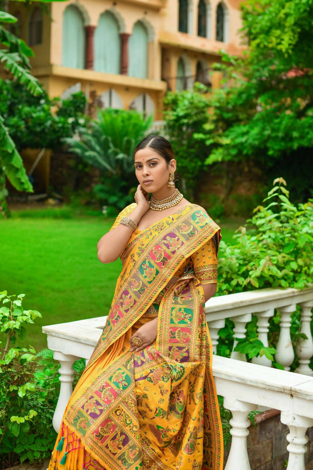 Vishnu Weaves Women's Yellow Banarasi Silk Kashmiri Woven Saree with Blouse - Swadesiicart