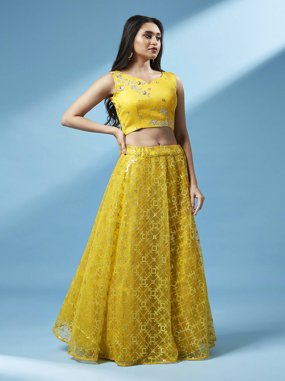 House of Panchhi Mustard Net Sequinse Work Lehenga & Blouse, Dupatta | Swadesiicart