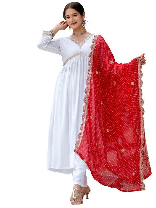 The52 White Women's Gorgeous Embroidered Chanderi Fabric Straight Kurta, Pant and Dupatta Set - Swadesiicart