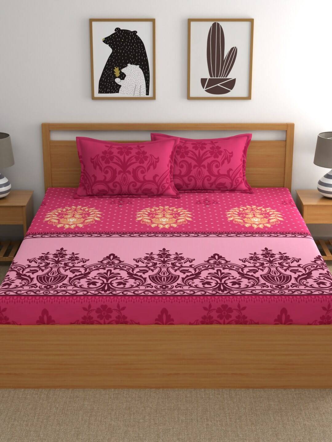 Dreamscape Pink & Beige Ethnic Motifs 144 TC Bedsheet with Pillow Covers - Swadesiicart