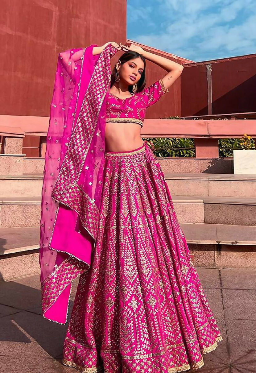 Jyoti Fashion Glamorous Rani Pink Chapat Zari and Dori Embroidered Malai Satin Silk Lehenga Choli with Dupatta | Swadesiicart