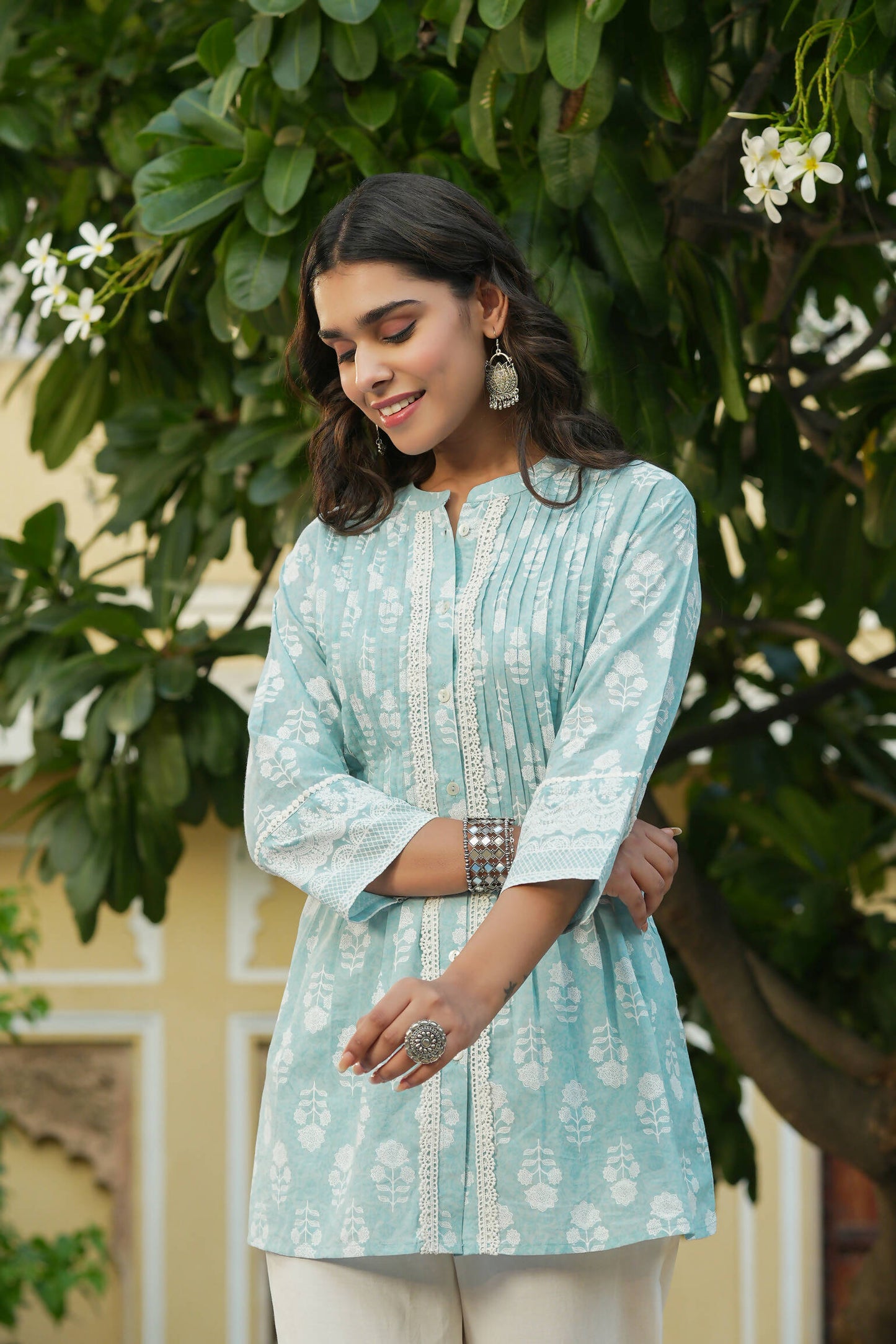 Juniper Women's Skyblue Cambric Placement Floral Printed Tunic | Swadesiicart