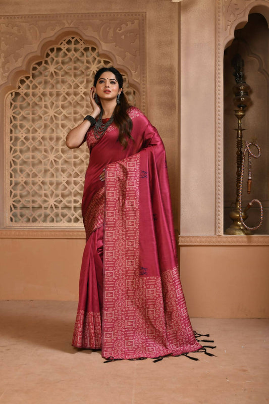 Vishnu Weaves Women's Pink Handloom Raw Silk Woven Border Saree with Unstitched Blouse - Swadesiicart