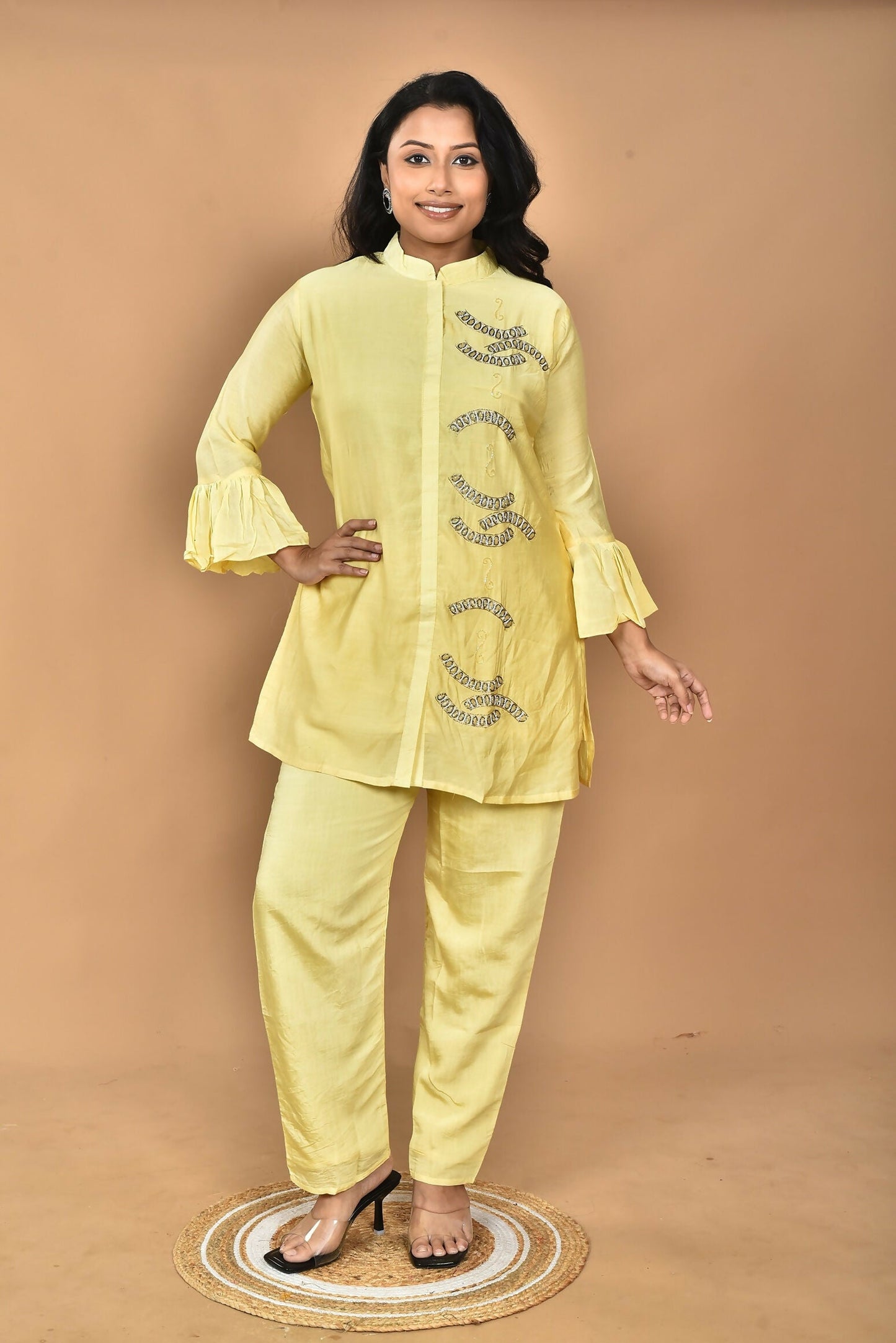 Morchari Women Hand Embroidery Co-Ords-Yellow - Swadesiicart